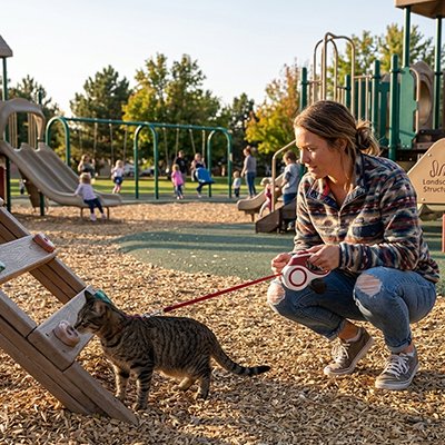 Femme accroupie dans un parc pour enfants promenant son chat tigré avec laisse rétractable rouge, moment de complicité