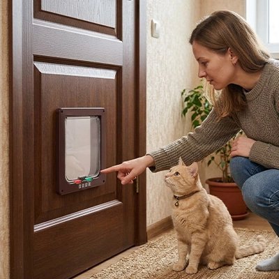 Femme accroupie réglant une chatière pour chat 4 positions sur une porte en bois avec son chat roux
