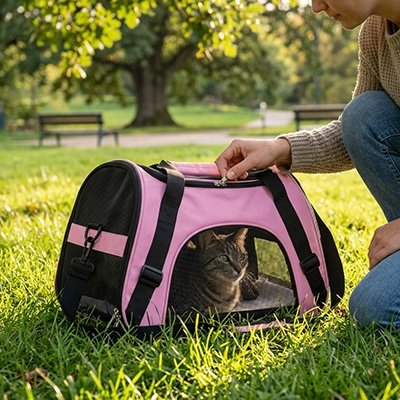 Femme agenouillée dans l'herbe ouvrant un sac de transport pour chat rose avec son chat tabby