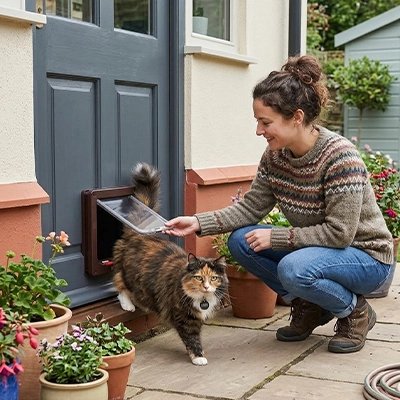 Femme agenouillée devant sa maison avec son chat tricolore sortant par une chatière pour chat grise