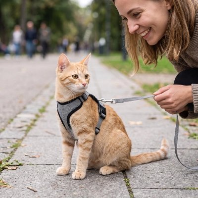 Femme ajustant la laisse de son chat roux portant un harnais chat gris