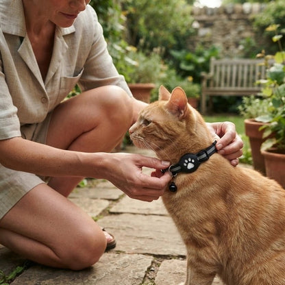 Femme ajustant un collier avec traceur GPS chat noir à motif patte sur un chat roux dans un jardin