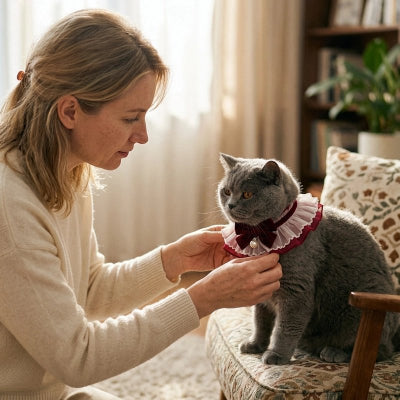 Femme ajustant un collier chat volanté blanc et bordeaux à perle sur un chat British Shorthair gris assis sur un fauteuil