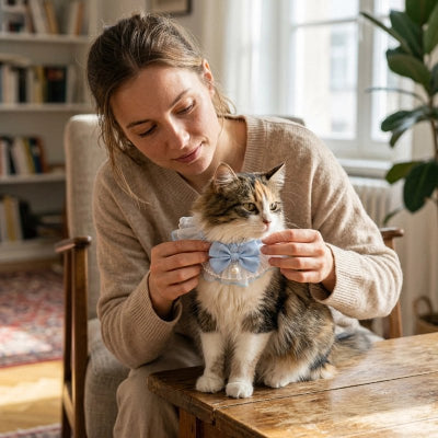 Femme ajustant un collier chat volanté bleu ciel à perle sur un chat tigré et blanc assis sur une table en bois