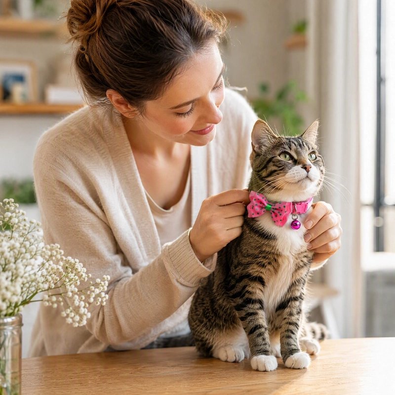 Femme ajustant un collier rose à nœud papillon et grelot sur un chat tigré