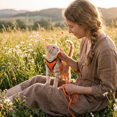 Femme ajustant un harnais chat orange à son chat roux dans un champ fleuri