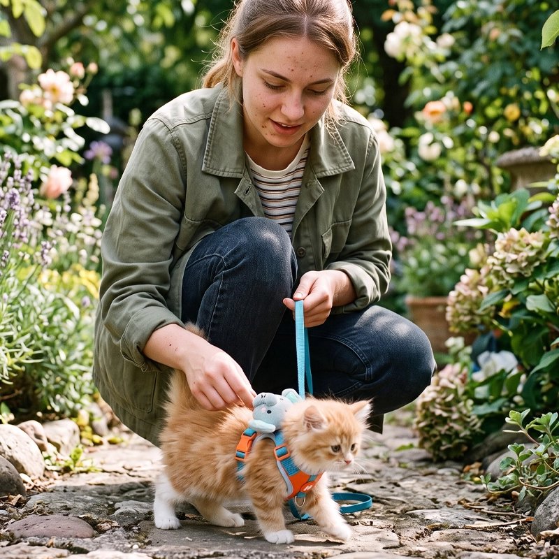 Femme ajustant un harnais chaton bleu et orange avec breloque souris, jardin fleuri