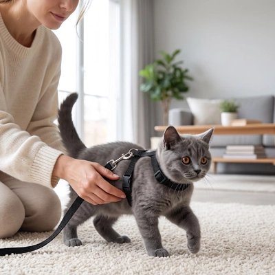 Femme ajustant un harnais pour chaton noir à son chat british shorthair dans un salon