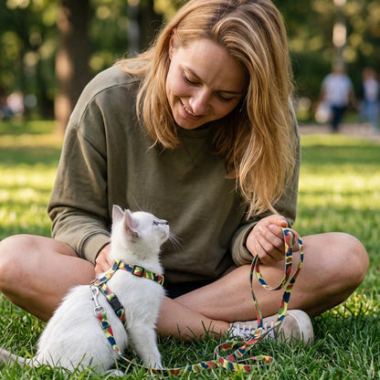 Femme assise dans l'herbe avec un chaton blanc portant un harnais et une laisse colorés