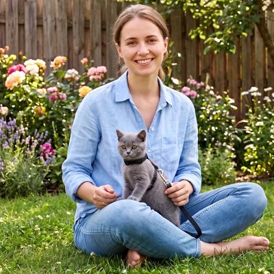 Femme assise dans un jardin fleuri avec son chaton gris portant un harnais noir
