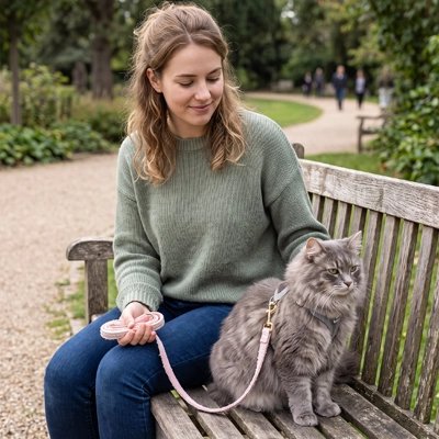 Femme assise sur un banc avec son chat gris tenu par une laisse rose bouclée
