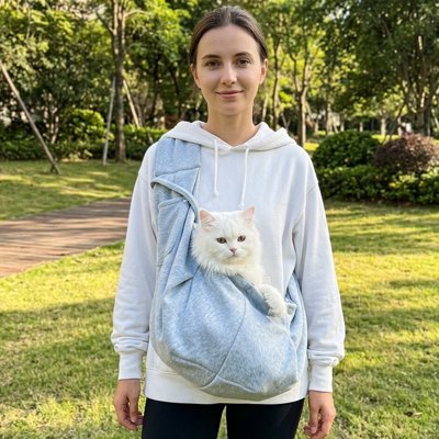 Femme avec sac de transport chat intégré hoodie bleu chat blanc parc verdure