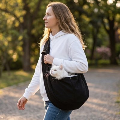 Femme avec sac de transport chat noir bandoulière chat blanc allée parc