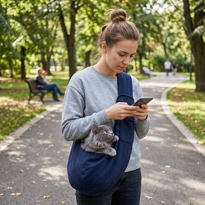 Femme avec sac de transport pour chat bleu marine chat gris parc allée arbres