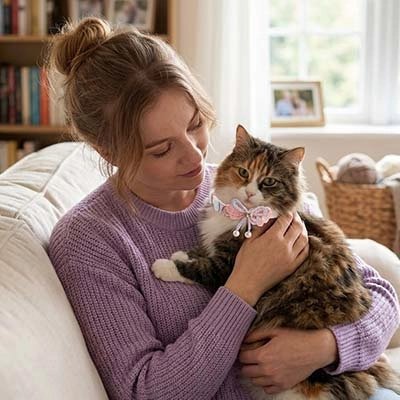 Femme câlinant son chat tricolore avec collier noeud rose
