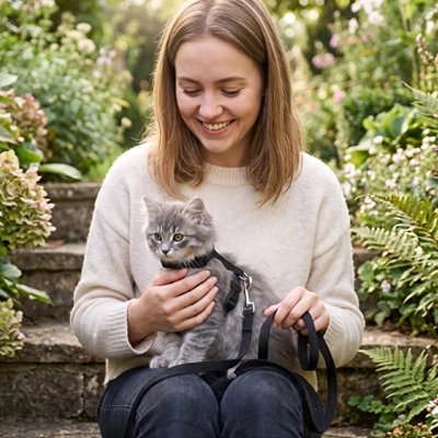 Femme câlinant son chaton gris portant un harnais pour chaton noir sur un escalier fleuri