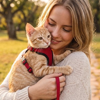 Femme câlinant son chaton roux portant un harnais pour chat rouge dans un parc