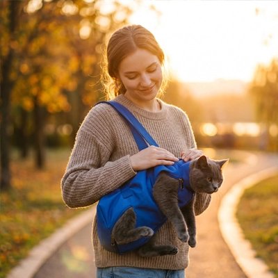 Femme caressant son chat gris installé dans un sac de transport bleu au coucher du soleil