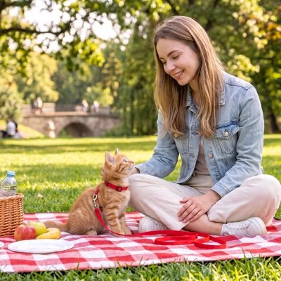 Femme caressant son chaton roux avec un harnais rouge lors d'un pique-nique