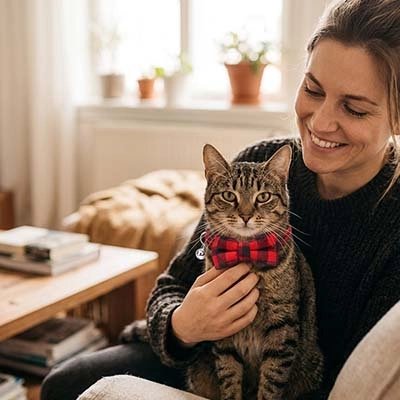 Femme caressant un chat tigré portant un collier nœud papillon à carreaux rouge