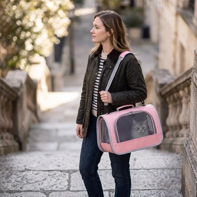 Femme descendant des escaliers en pierre avec un sac de transport chat rose