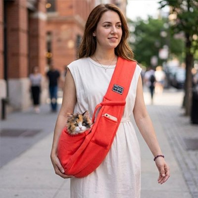 Femme en robe beige portant un sac de transport pour chat rouge en ville