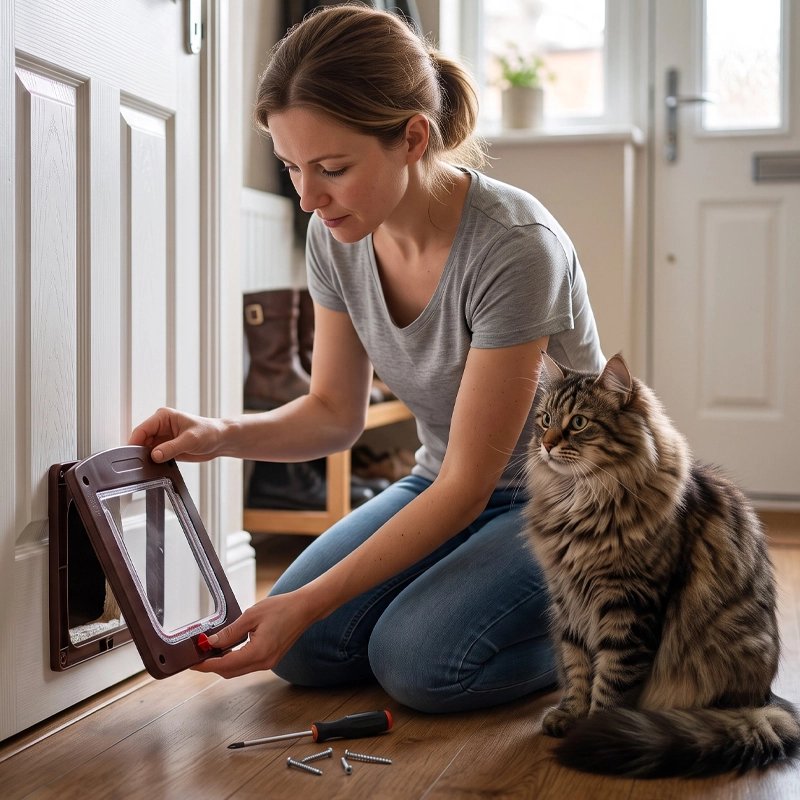 Femme installant une chatière pour chat marron avec un tournevis, chat Maine Coon assis à côté