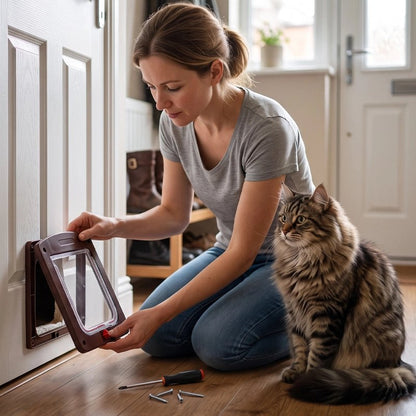 Femme installant une chatière pour chat marron avec un tournevis, chat Maine Coon assis à côté