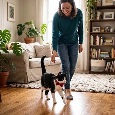 Femme jouant avec son chat bicolore portant un collier rouge