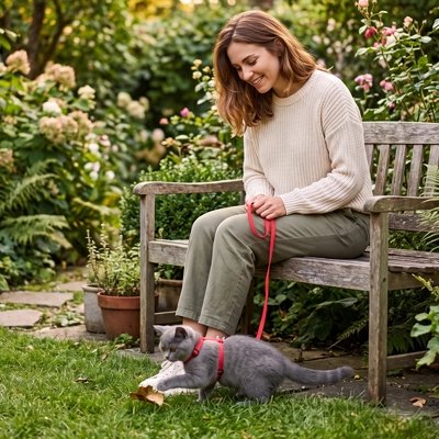Femme jouant avec son chaton gris portant un harnais rouge dans un jardin fleuri