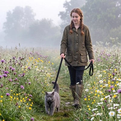 Femme marchant avec son chat british shorthair en laisse dans un champ de fleurs