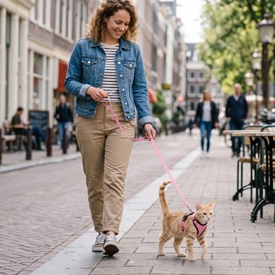 Femme marchant avec son chat roux en harnais chat rose dans une rue commerçante