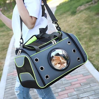 Femme marchant dans un parc avec un sac de transport pour chat capsule vert et chat persan roux visible