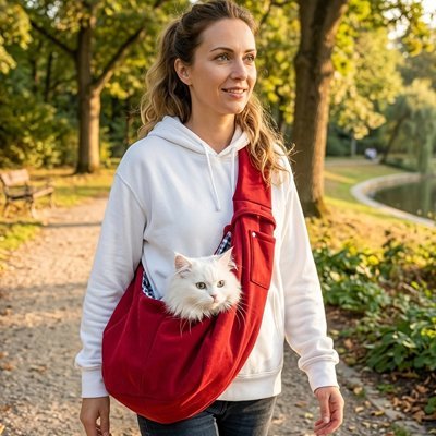 Femme marchant sac de transport chat rouge bandoulière chat blanc parc automne