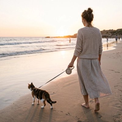 Femme marchant sur la plage avec son chat en laisse rétractable au coucher du soleil