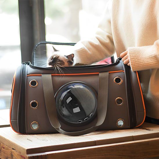 Femme ouvrant un sac de transport pour chat capsule marron orange avec un chat ragdoll à l'intérieur