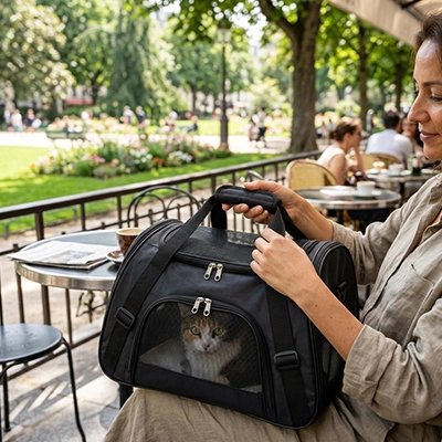 Femme ouvrant un sac de transport pour chat noir dans un café en terrasse