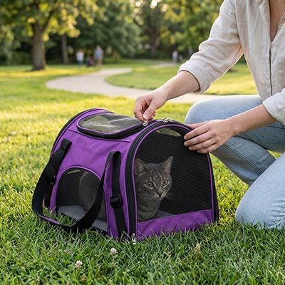 Femme ouvrant un sac de transport violet pour chat installé sur l'herbe dans un parc
