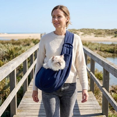  Femme portant sac de transport pour chat bleu marine bandoulière chat blanc passerelle bord de mer