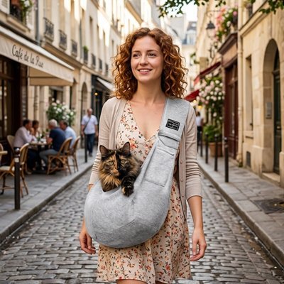 Femme portant sac de transport pour chat gris en bandoulière avec chat dans rue Paris