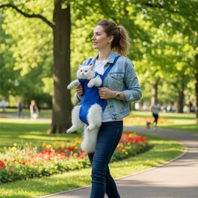 Femme portant un chat blanc dans un sac de transport bleu près de fleurs colorées