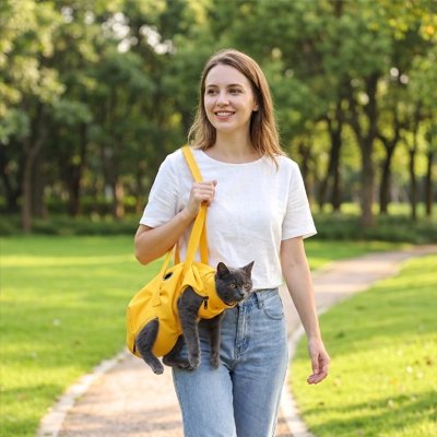 Femme portant un chat gris dans un sac de transport ventral jaune dans un parc