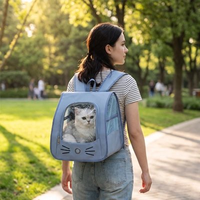 Femme portant un sac à dos pour chat bleu avec fenêtre, dans un parc ensoleillé