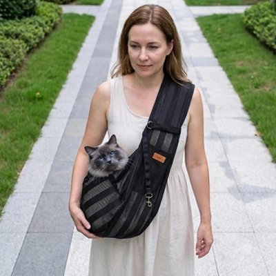Femme portant un sac de transport chat rayé noir dans une allée bordée de pelouses
