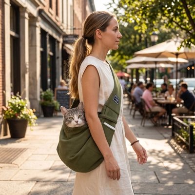 Femme portant un sac de transport chat vert devant une terrasse de café