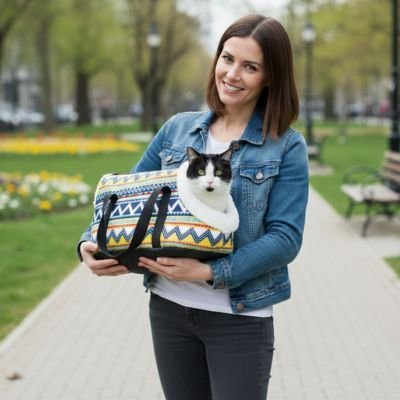 Femme portant un sac de transport pour chat noir et blanc à l'intérieur 