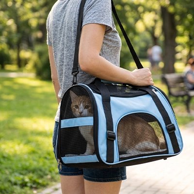 Femme portant un sac de transport pour chat bleu ciel avec bandoulière dans un parc