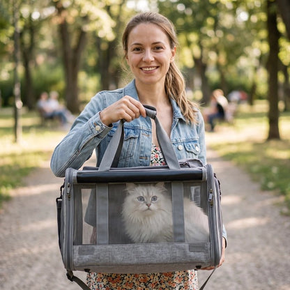 Femme portant un sac de transport pour chat gris à bandoulière, chat blanc visible dans le parc