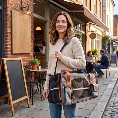 Femme portant un sac de transport pour chat gris devant un café en terrasse
