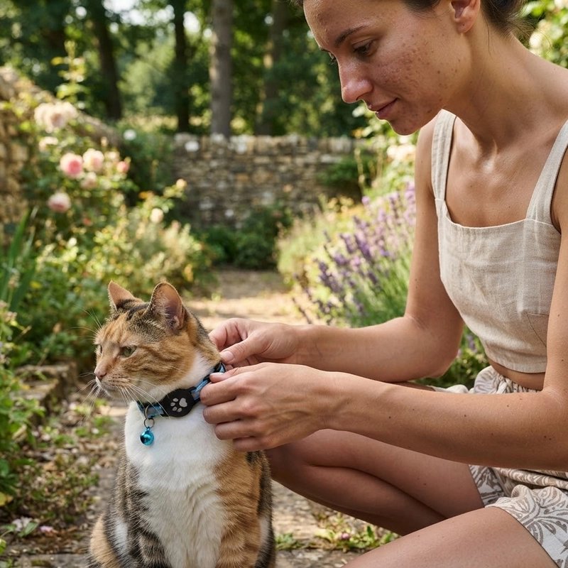 Femme posant un collier avec traceur GPS chat bleu sur un chat tricolore dans un jardin fleuri